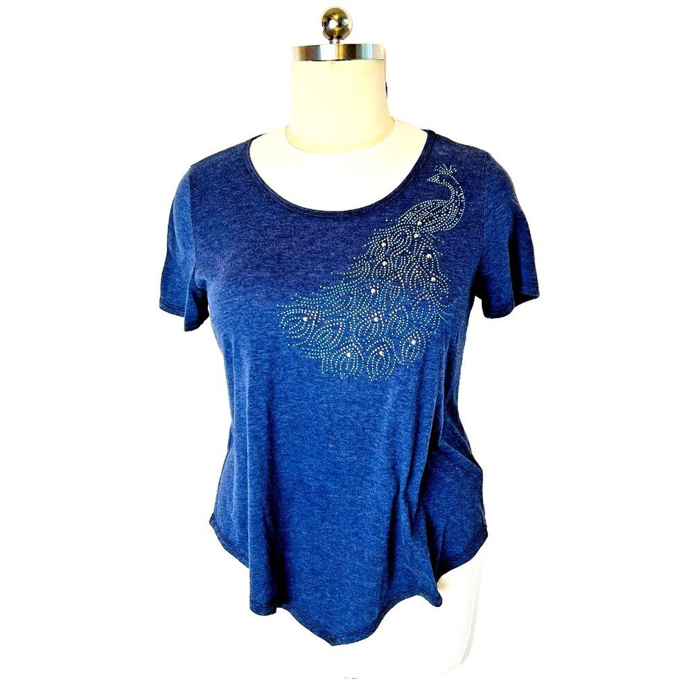SJS - Women's 2X Blouse Smoke Navy Short Sleeve Purple Teal Beaded Peacock